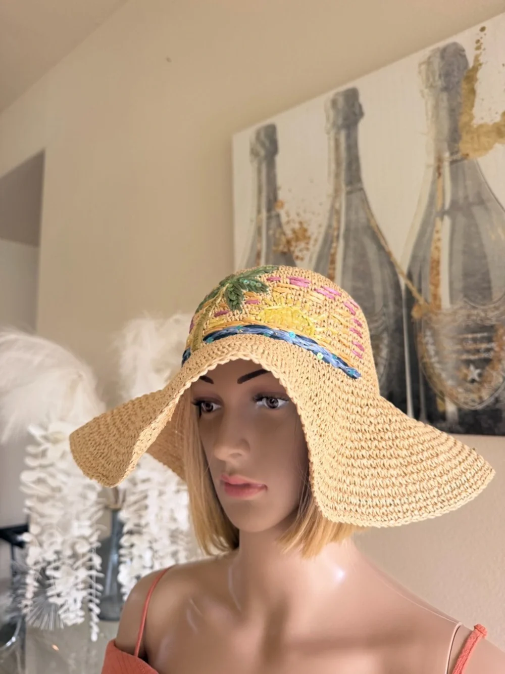 Wide Brim Straw Sun Hat with Colorful Embroidery